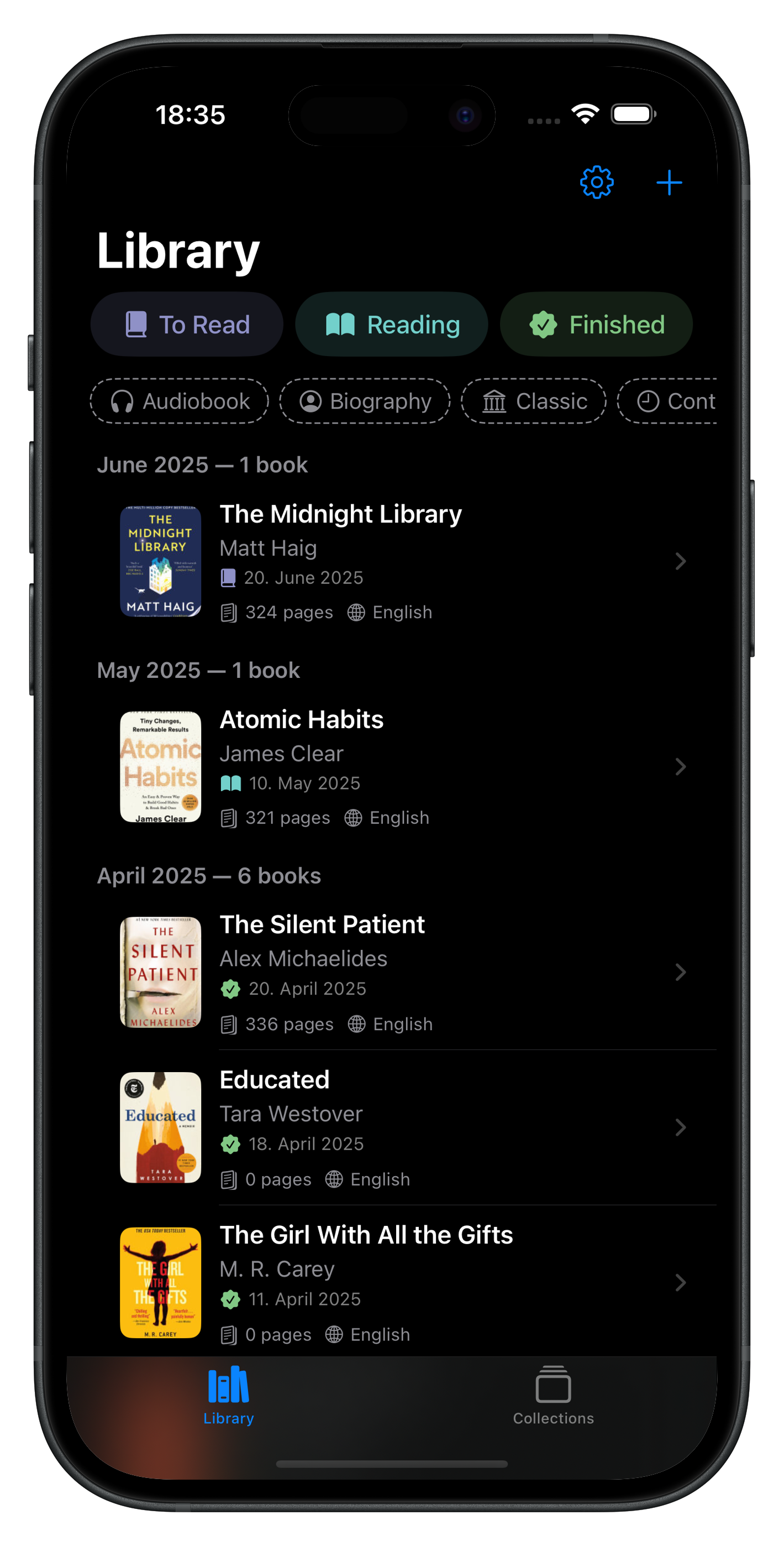 MiniLib interface in dark mode showing elegant design