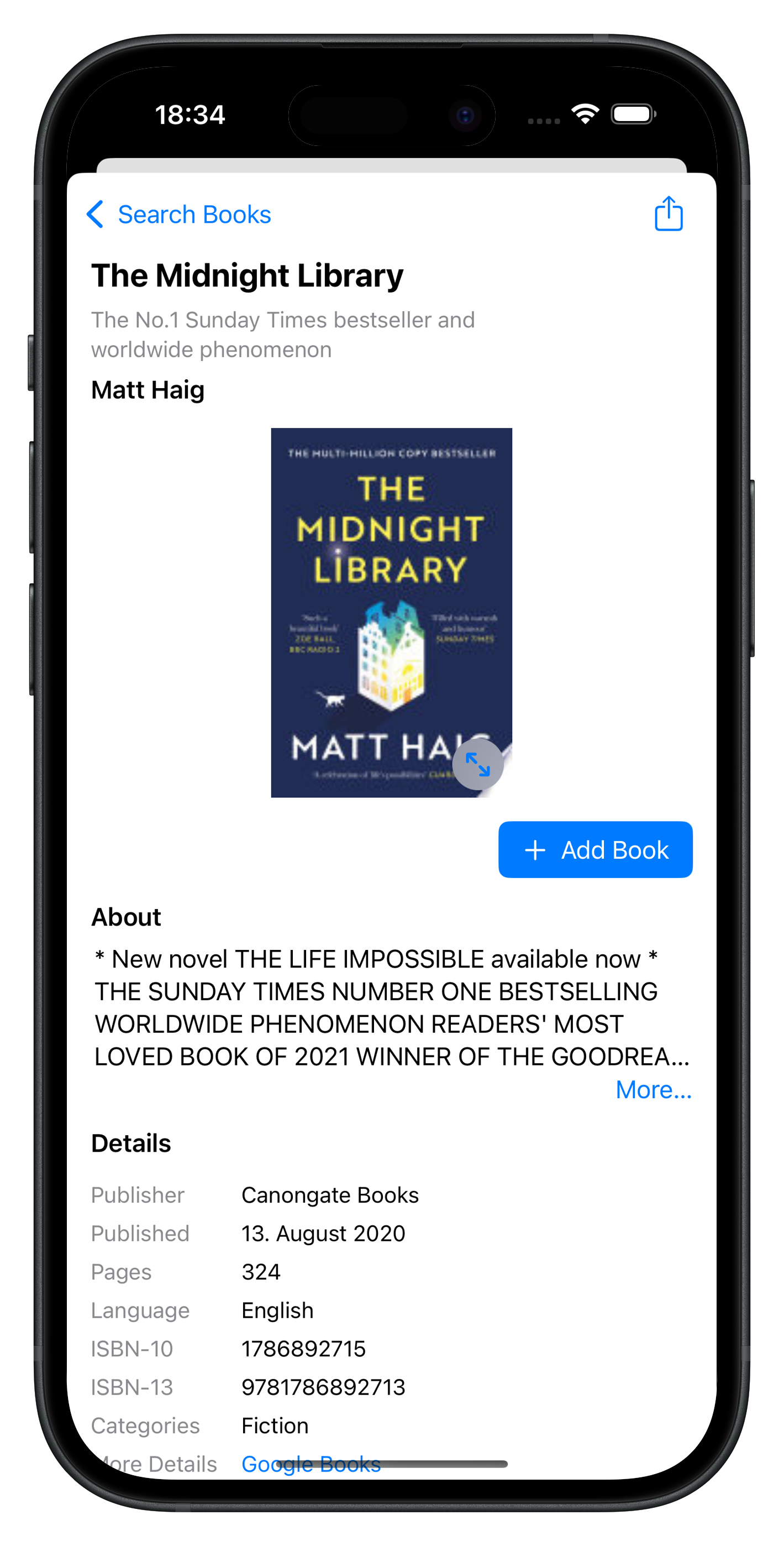 MiniLib book detail view showing cover, description, and metadata