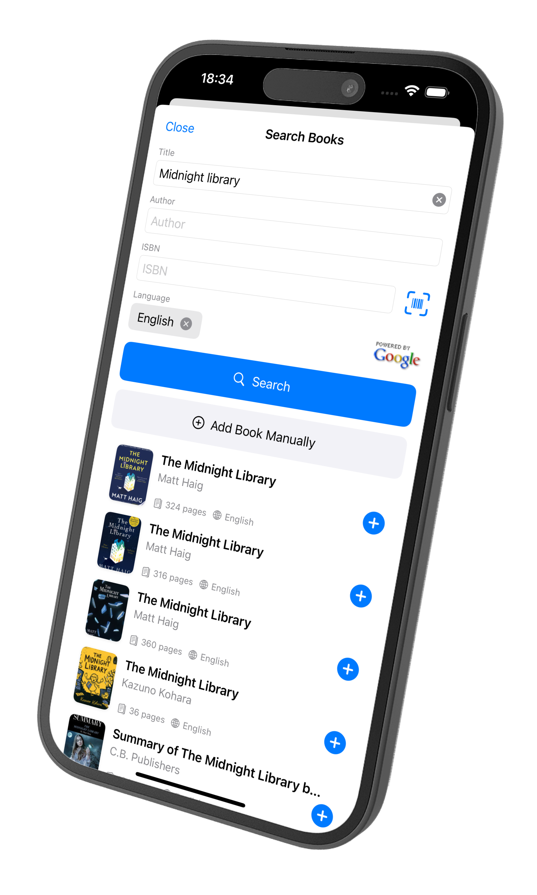 MiniLib search interface showing book search results